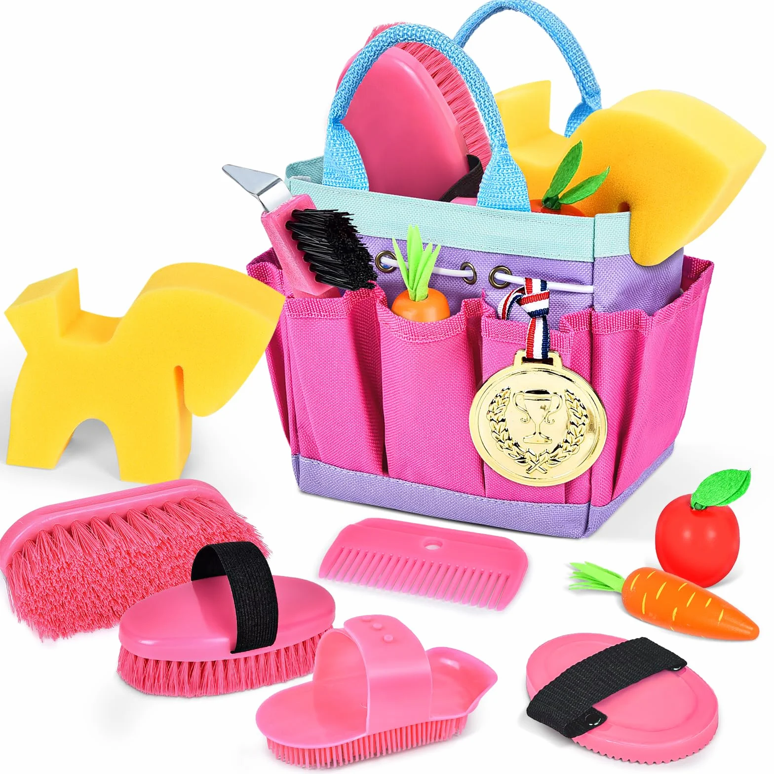 Joellfuner Kit de Cuidado para Caballos con Bolsa, Juguetes de Aseo para Niños, Accesorios para Caballos con Cepillo de Masaje, Raspador de Cascos con Cepillo