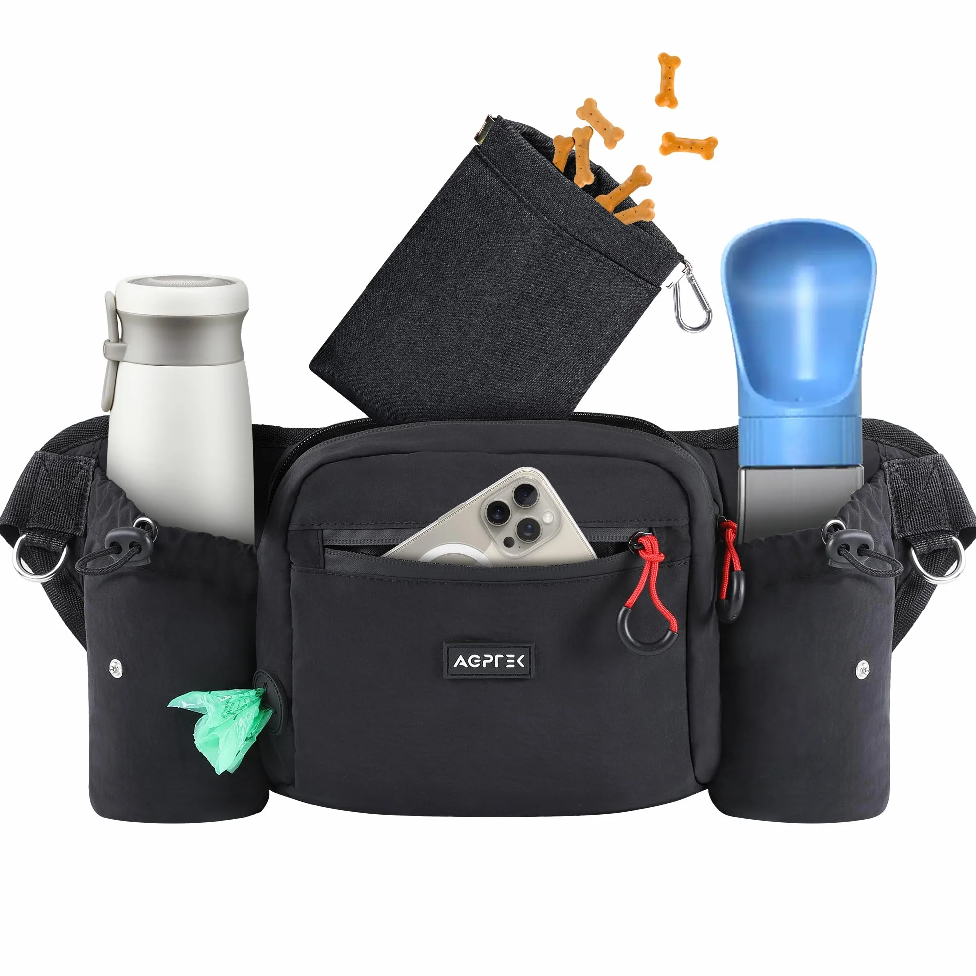 AGPTEK Bolsas de Golosinas para Perros, Riñonera Impermeable de Gran Capacidad con Bolsa Premios Perro Desmontable, Porta Botellas de Agua, Dispensador de Bolsas para Excrementos, Negro