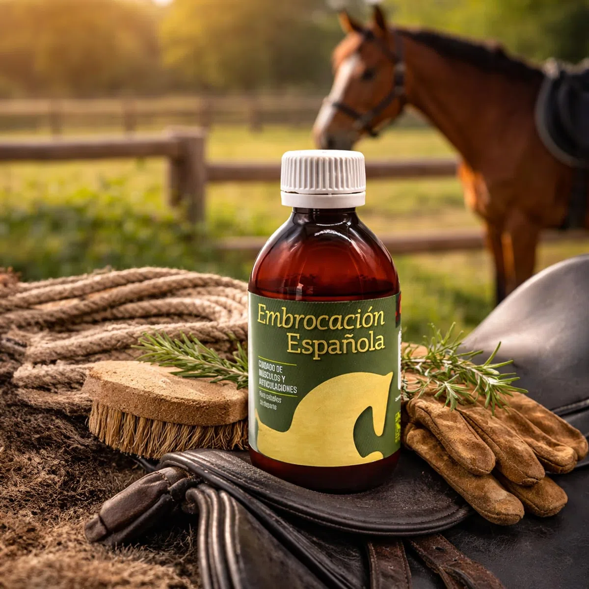 LABORATORIOS PINO Embrocación Española Analgésico Externo para Caballos – Trastornos Osteoarticulares, Musculares y Afecciones Respiratorias Leves – Acción Balsámica – Envase 250 ml