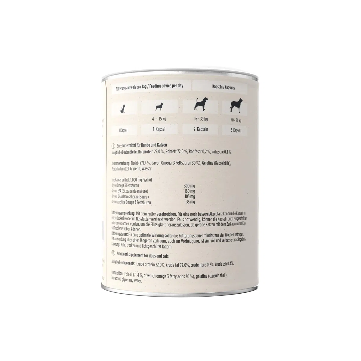 Omega-3 Cápsulas para perros y gatos | Alta dosis con 1.000 mg de aceite de pescado puro por cápsula | muy alto contenido de ácidos grasos EPA y DHA, sin PCB, sin aditivos, 120 cápsulas, fabricación