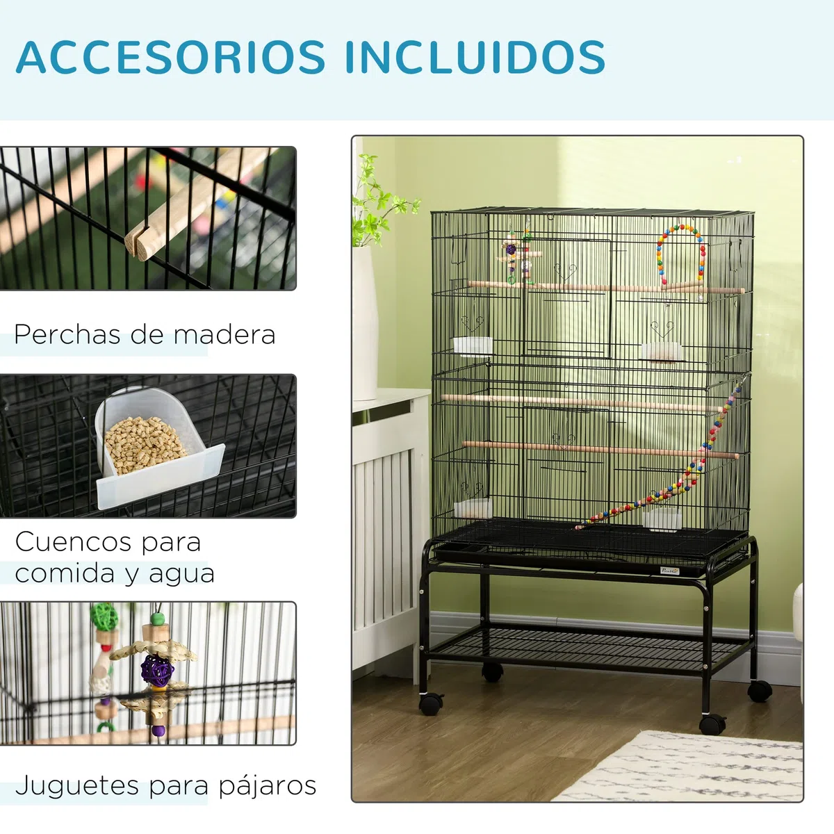 PawHut Jaula para Pájaros con Ruedas Jaula Grande con Soporte Pajarera con Bandeja Extraíble Puertas Comederos Perchas Juguetes y Estante Inferior para Canarios Periquitos 79x49x133 cm Negro