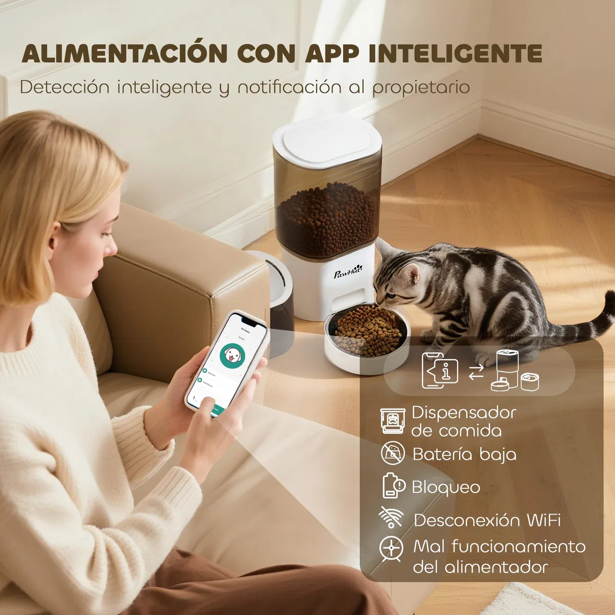 PawHut Comedero Gato Automático Dispensador Comida Gatos Perros de 3L con Control de App 1-10 Comidas al Día Filtros y Luz LED Juego de Comedero y Bebedero Automático Silencioso con Cable USB o Pilas