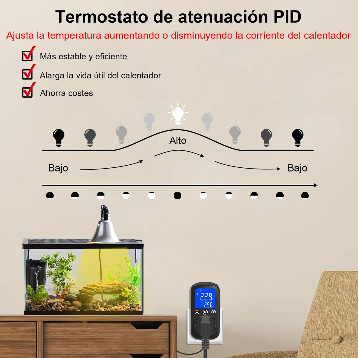 KETOTEK KT2100 Controlador PID Temperatura con Atenuación Termostato 2A 460W Sonda Impermeable para Terrario, Reptiles, Acuario, Lámpara Calor