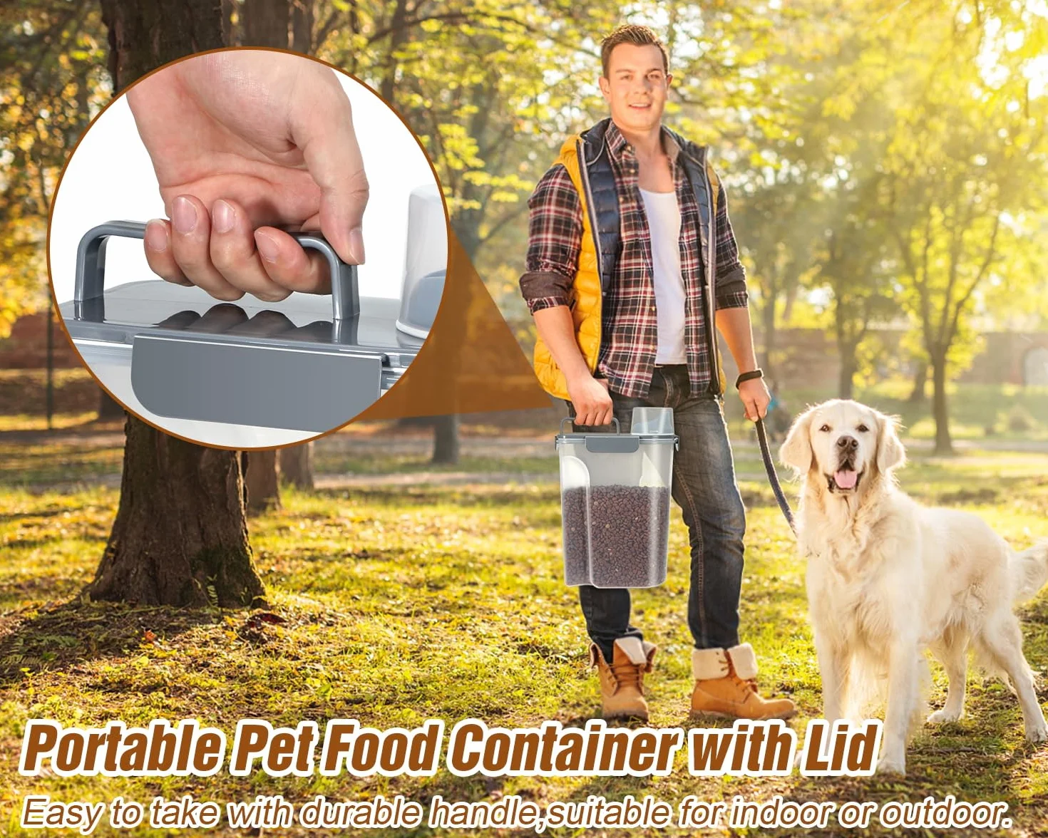 TBMax Contenedor de almacenamiento de alimentos para gatos de 5 litros con tapa, recipiente portátil para alimentos para mascotas con boquilla grande y taza medidora, recipiente hermético para