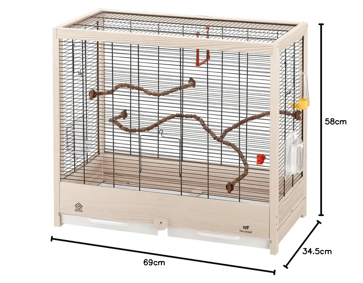 Ferplast Jaula para Pájaros de Metal y Madera FSC Giulietta 5, Canarios, Periquitos y Agapornis, Accesorios incluidos, Perchas Desmontables y modificables, 69 x 34,5 x h 58 cm.