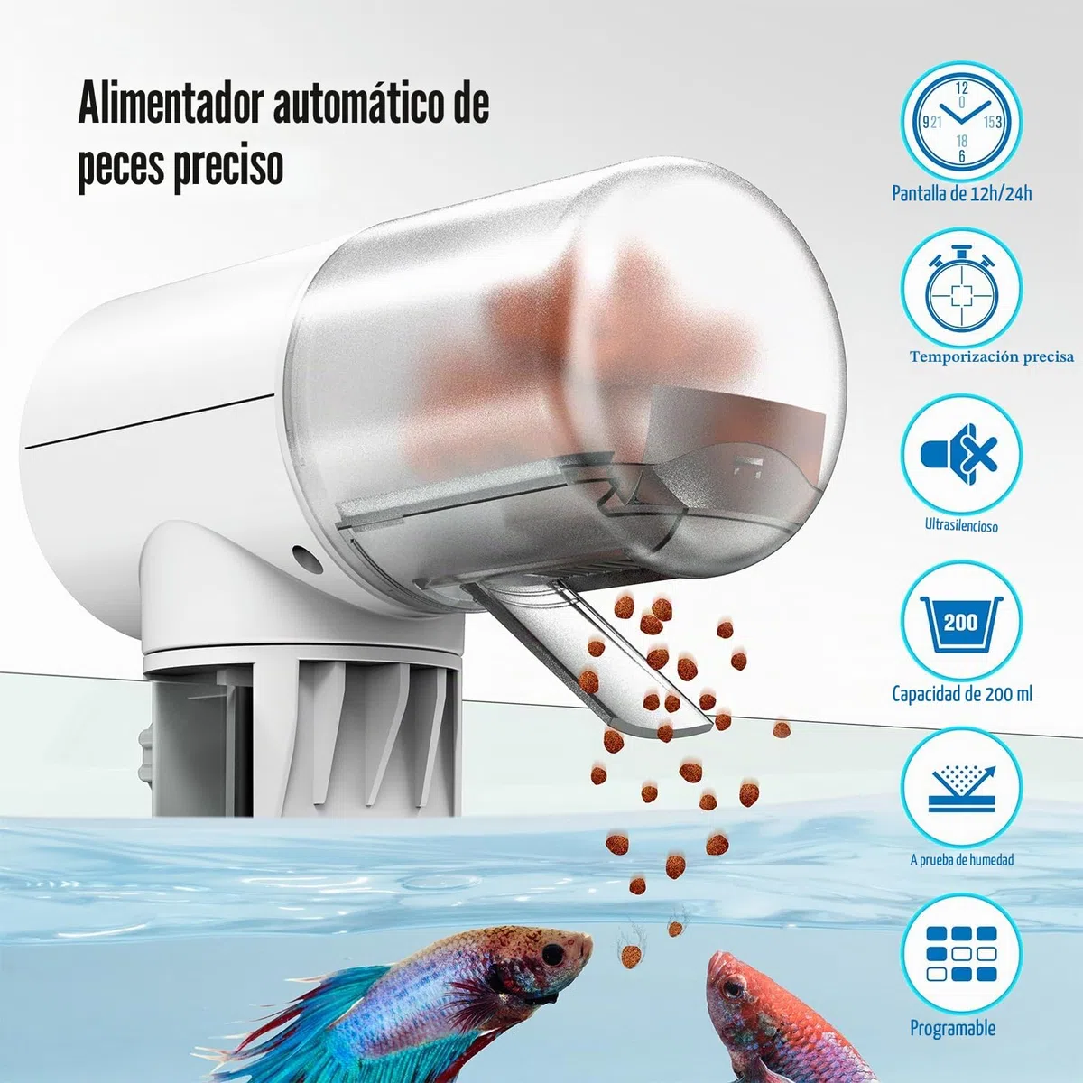 JuzPetz - Comedero automático de Peces | Pantalla Digital y ajustes programables | Comedero automático para acuarios | Accesorios para acuarios |Blanco