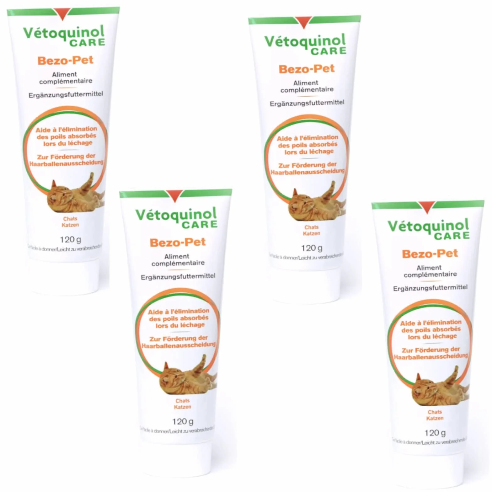 Vetoquinol Bezo-Pet Paste | 4 unidades | 4 x 120 g | Complemento alimenticio para perros y gatos | Puede ayudar a promover la eliminación de la bola del pelo | con malta