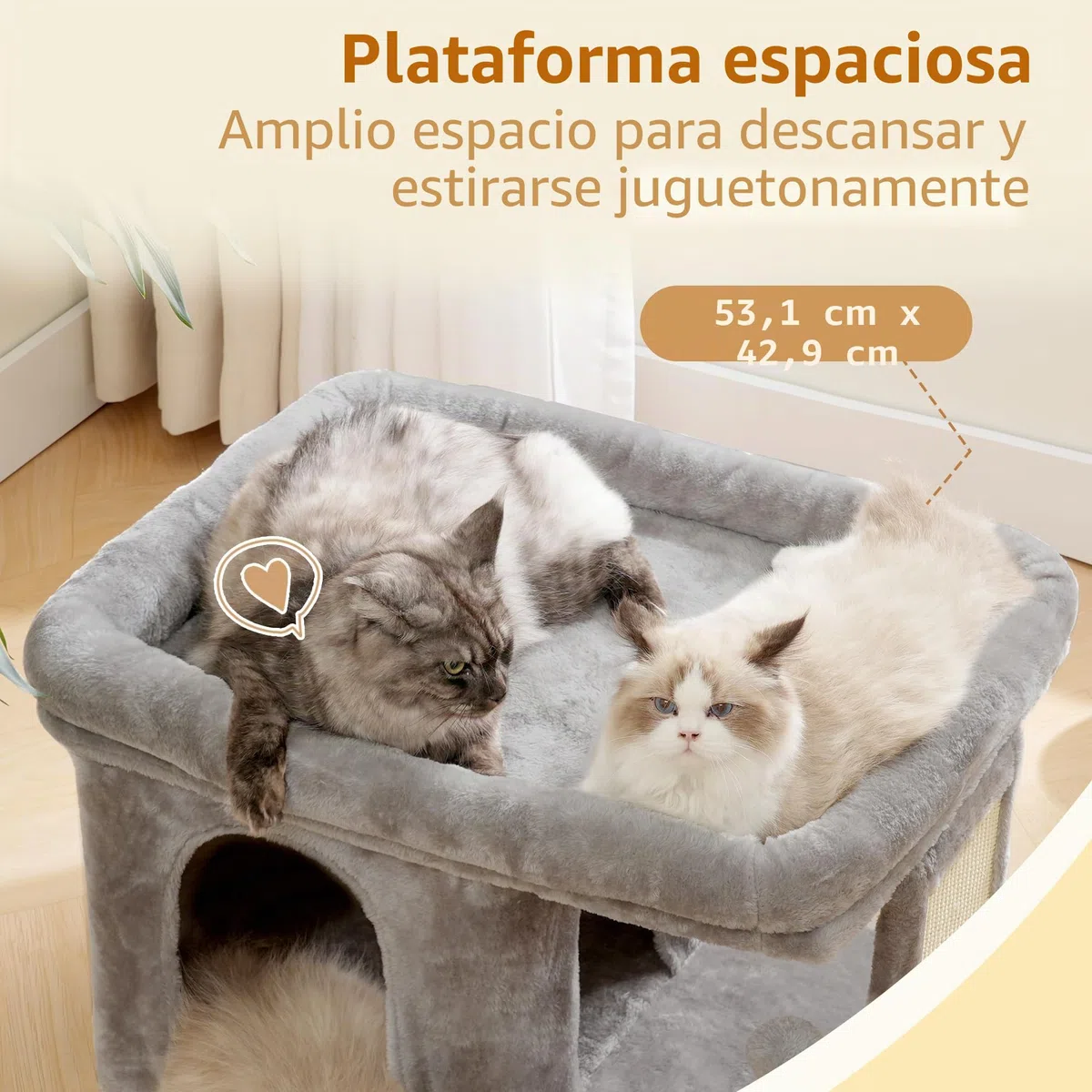 Heybly Rascador para Gatos, Árbol para Gatos de 35 cm con Amplia Plataforma y Acogedora Casita, Adecuado para Gatos Adultos, con Tablero de Sisal y Pelota de Felpa, Gris Claro HCT203SW