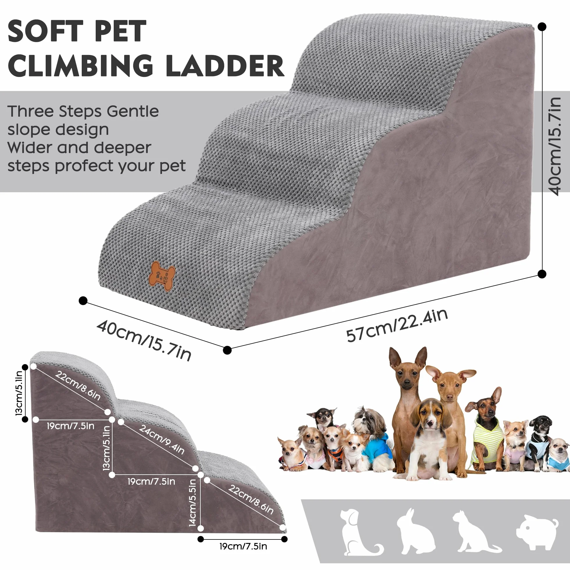 Escalera Perros Pequeños 3 Peldaños, Rampa para Mascotas de Espuma de Alta Densidad, Escalera Antideslizante para Ccachorros, Escalera para Perros para Subir a la Cama Extraíble y Lavable, 57x40x40cm