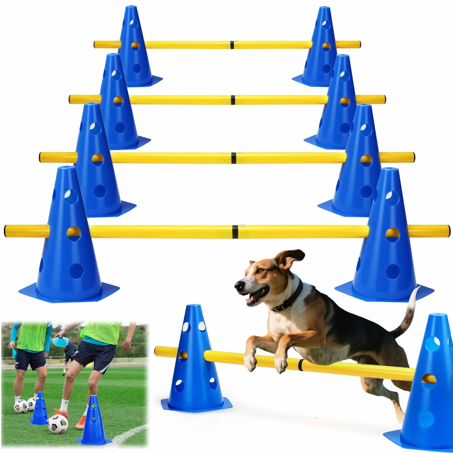 Agility Set Perros Barreras Juego de Obstáculos Niños Obstáculos para Niños Perros Parcurso para Saltar, Perro Cavaletti, 8 conos de 23 cm de altura + 8 barras de 80 cm de largo, para