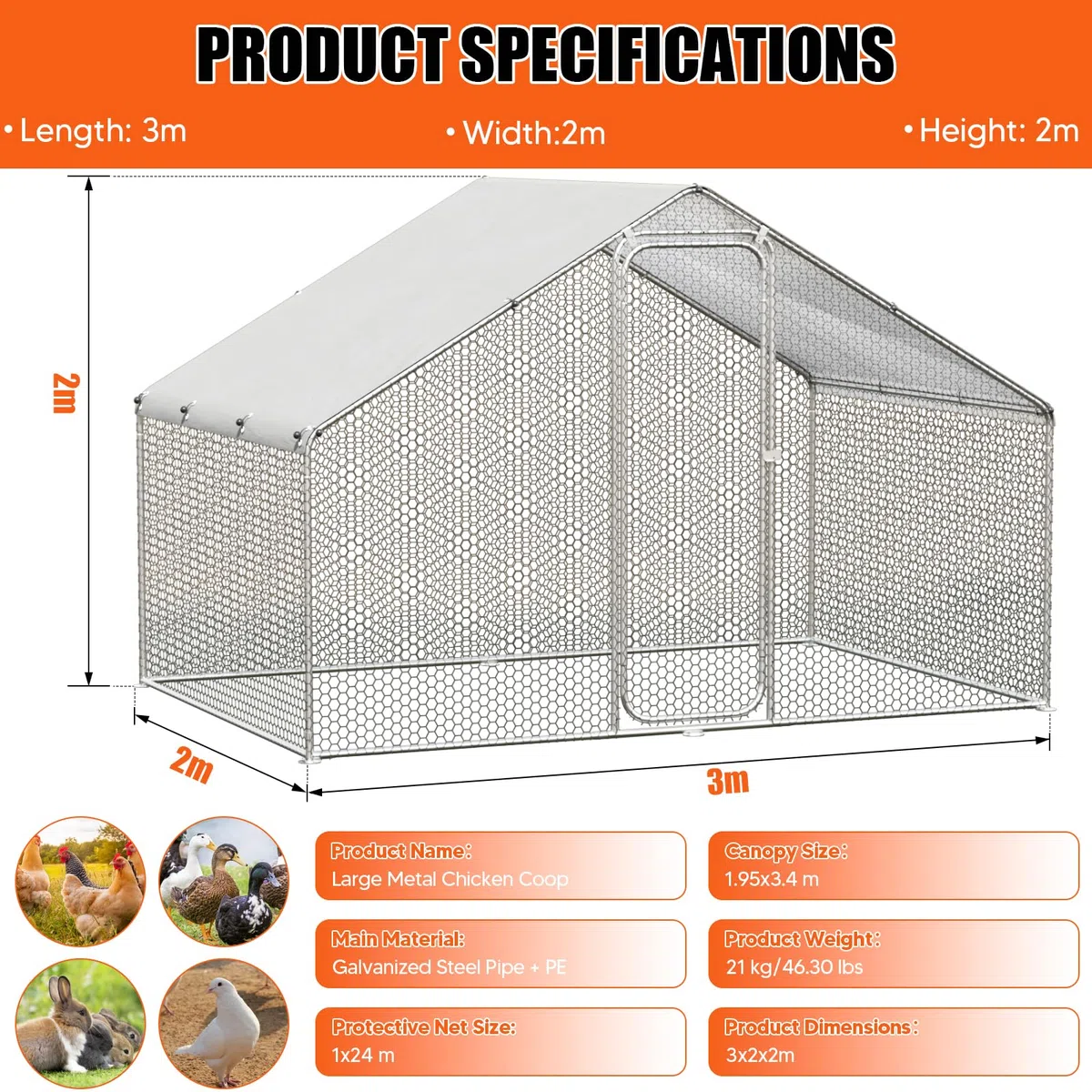 Gallinero Exterior - Jaula de Acero galvanizado para Animales pequeños 3 x 2 x 2 m, 6 m² de Superficie, con Puerta y pestillo, Jaula con Techo de Lona para Pollos