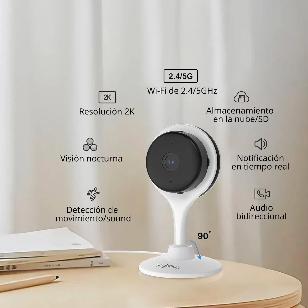 BoyKeep Cámara de vigilancia WiFi Interior 2K 2.4GHz, Monitor de bebé Mascotas con cámara, Visión Nocturna, Detección de Movimiento/Sonido, Audio bidireccional, Almacenamiento en SD y en la Nube, K10