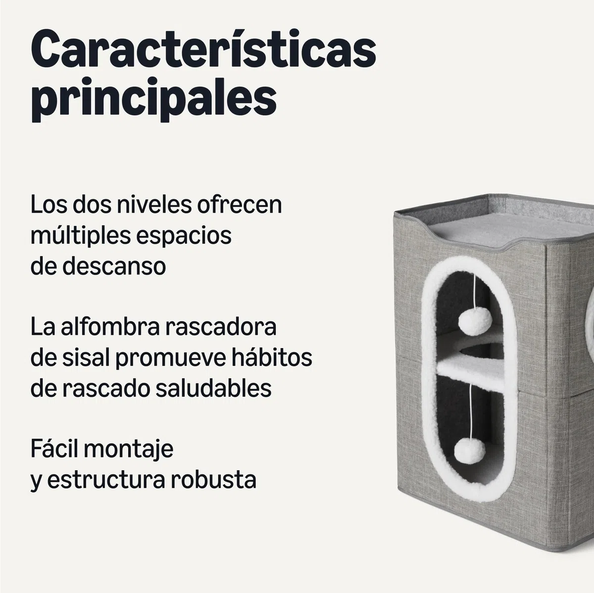Amazon Basics Casa para Gatos de 2 Pisos para Gatos de Interior, Cueva Cubierta para Gatos con Rascador y Bola Esponjosa, Casas Plegables en Forma de Cubo para Gatos, 43,2 x 35,6 x 57,2 cm, Gris