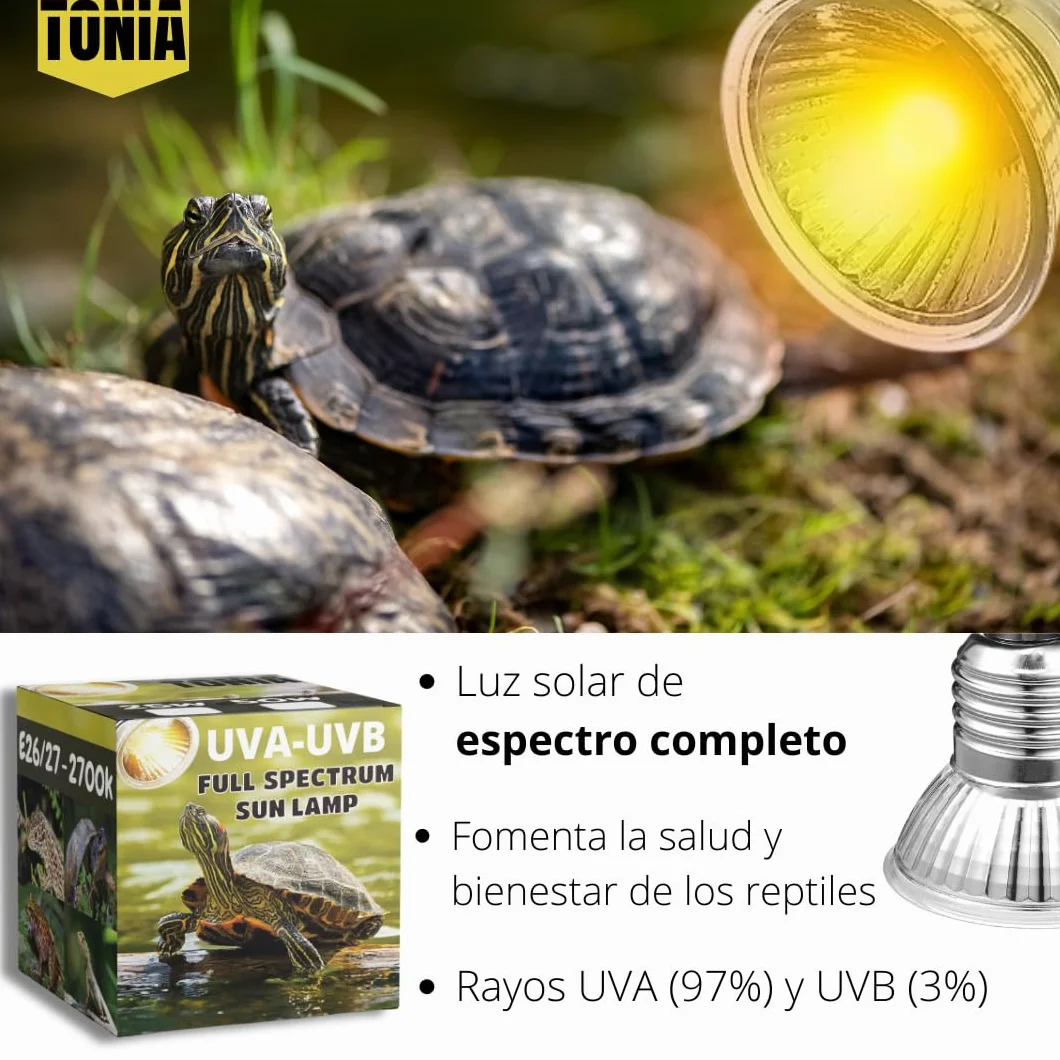 Tonia Kit de 4 Bombillas UVA/UVB + Portalámparas para Reptiles – 2x25W + 2x50W – Luz Solar de Espectro Completo para Terrarios y Acuarios Tortugas, Camaleones – 360º