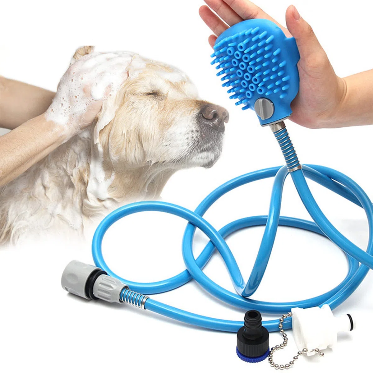 2 en 1 Kit ducha para perros gatos, Alcachofa de ducha para mascotas, Herramienta de baño para mascotas con cepillo, manguera de PVC de 2m y 2 adaptadores de manguera para perros y gatos