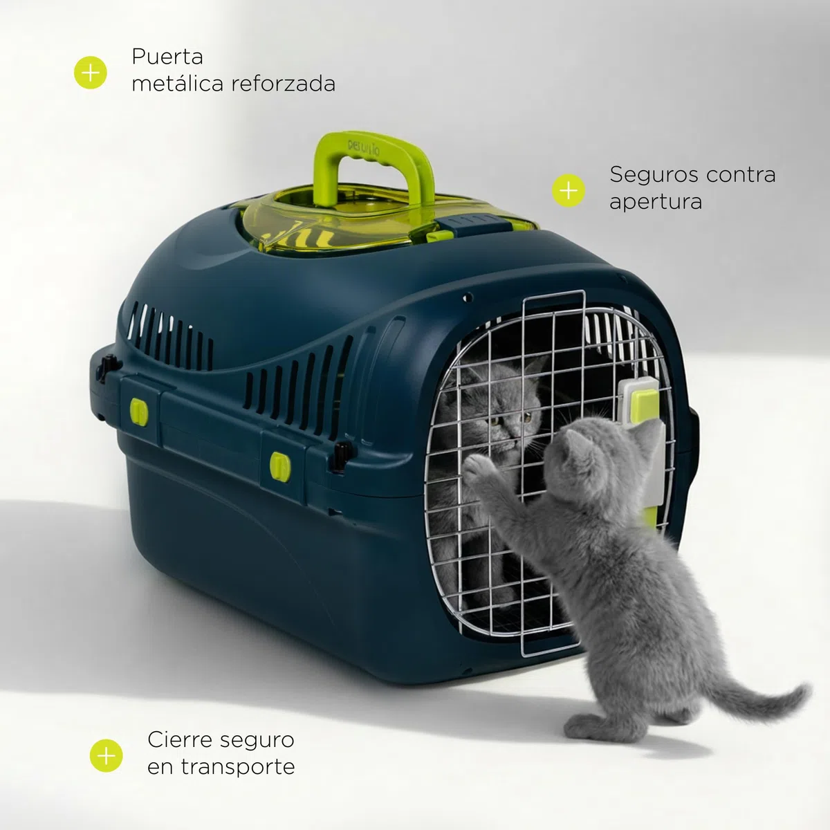 Safy Transportín para Gatos Rígido, Carcasa PP, Puerta de Metal con Doble Cierre Seguro, Ventilación 360, Asa Plegable, Rejilla para Empapador y Cuenco Colgable, para Coche y Viaje, hasta 5 kg