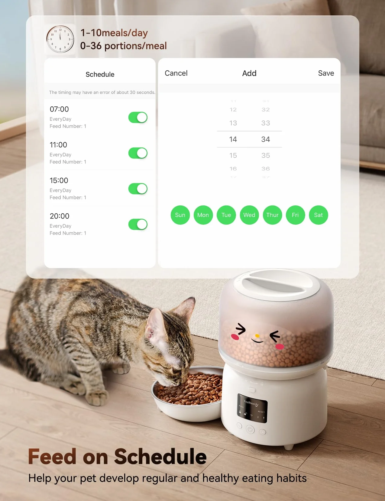 FEELNEEDY Comedero Gato Automático 2.4G Wi-Fi, Dispensador Comida Gatos con Control de App, hasta 10 Comidas/36 Porciones al Día, Tazón para Gatos de Acero Inoxidable, 3L