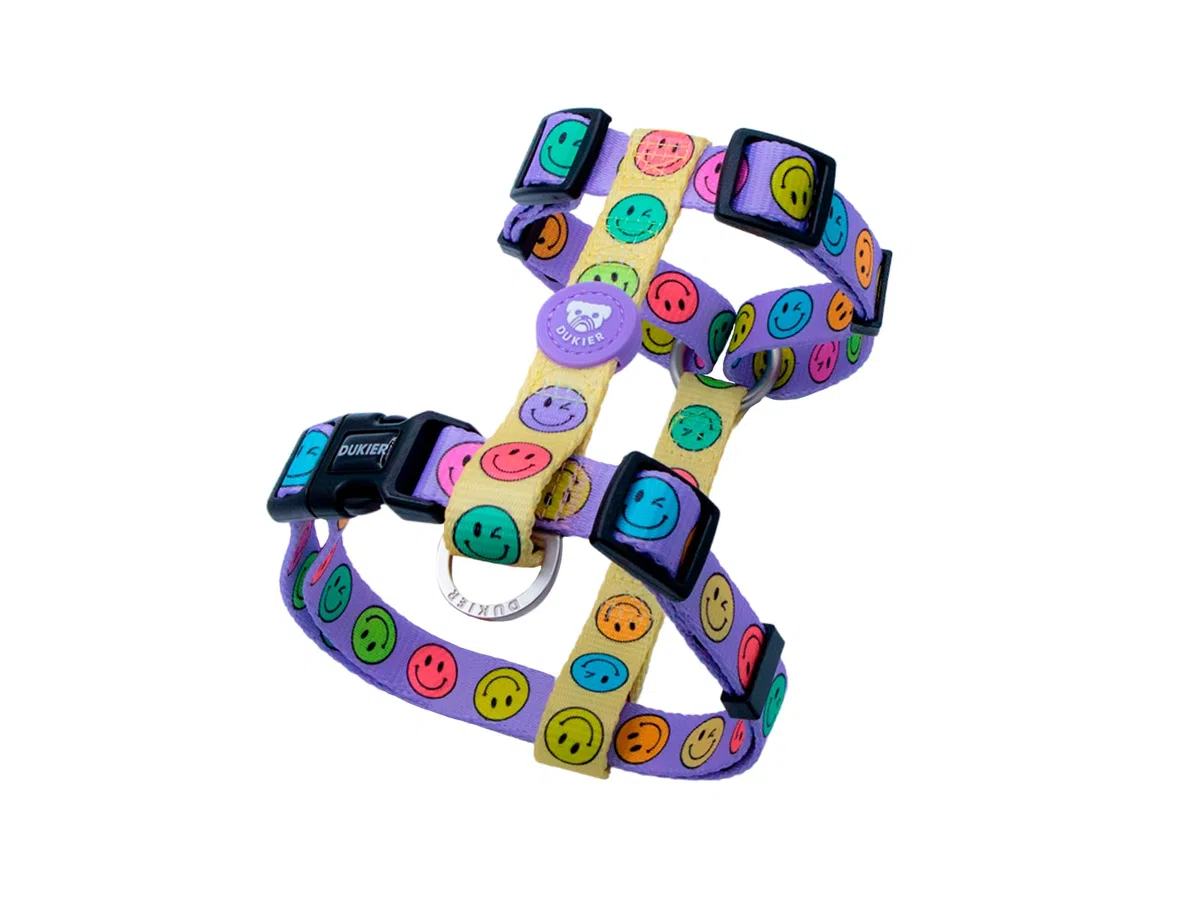 DUKIER - Arnés Clásico para Perro, Chaleco Antitirones, Ajustable y en Forma de H para Mascotas, Homologado, con Cierre de Seguridad de 4 Puntos, Diseño Smiley, Talla S