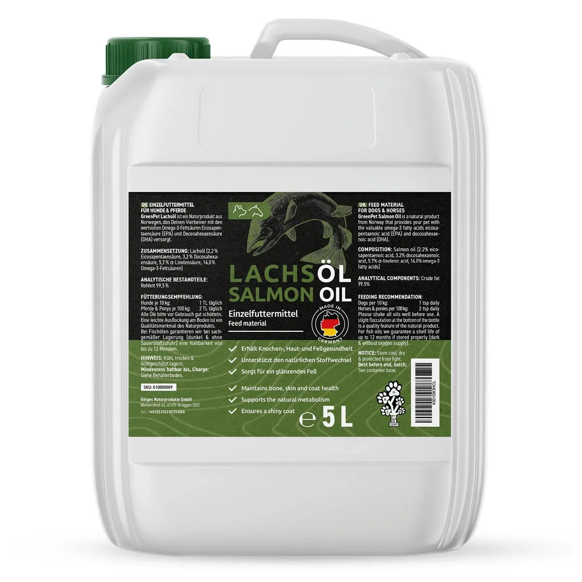 GreenPet Aceite de Salmón para Perros y Caballos 5 litros - Aceite Omega 3 - Aceite de Pescado para un Brillo Natural y Cuidado del Pelaje - Ayuda con la Piel Seca