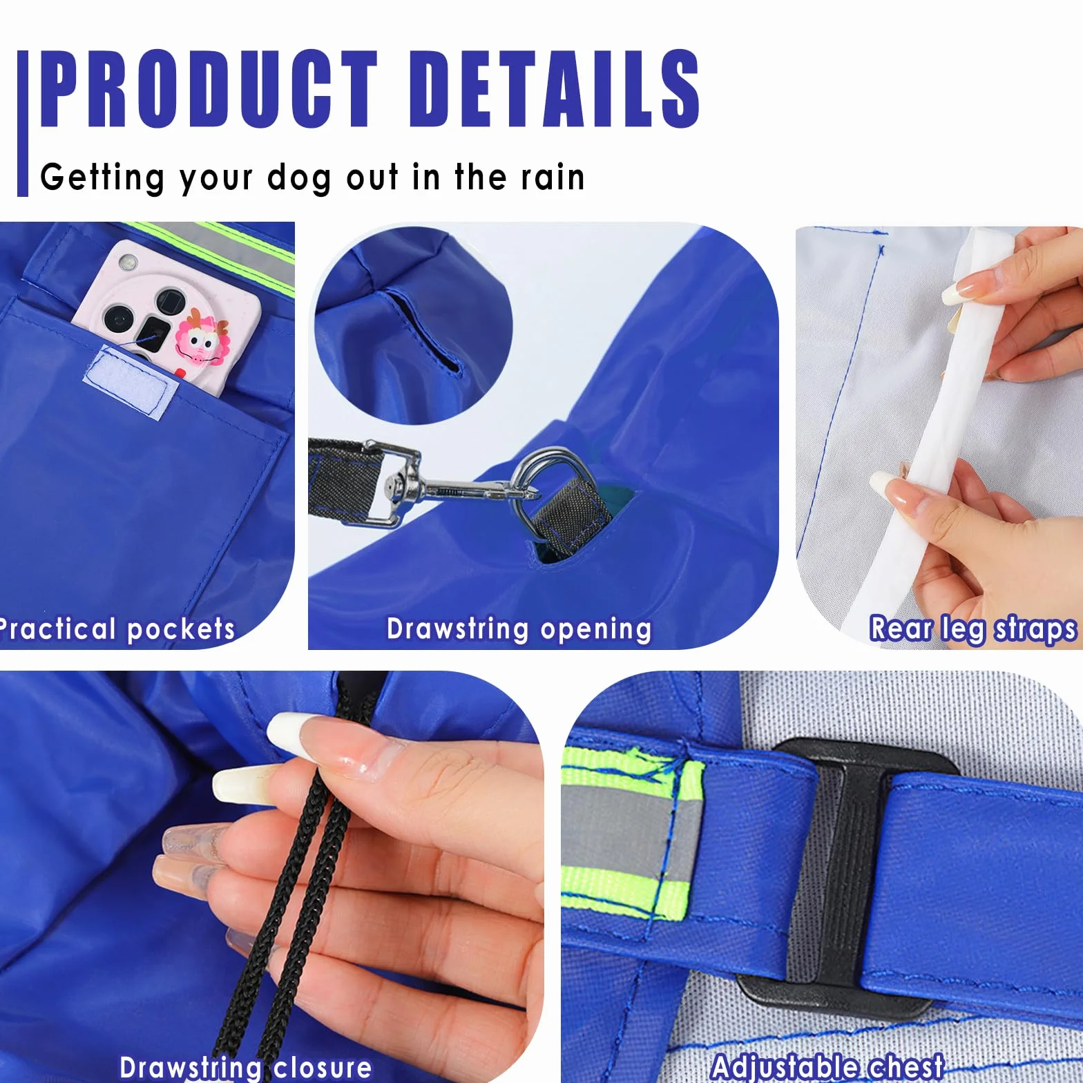 Chubasquero Perros Grandes, Impermeable Perro Ajustable, Abrigo Impermeables con Capucha, Poncho de Lluvia Impermeable Perros, Chubasquero con Capucha & Collar Agujero Perro (Azul, 5XL)