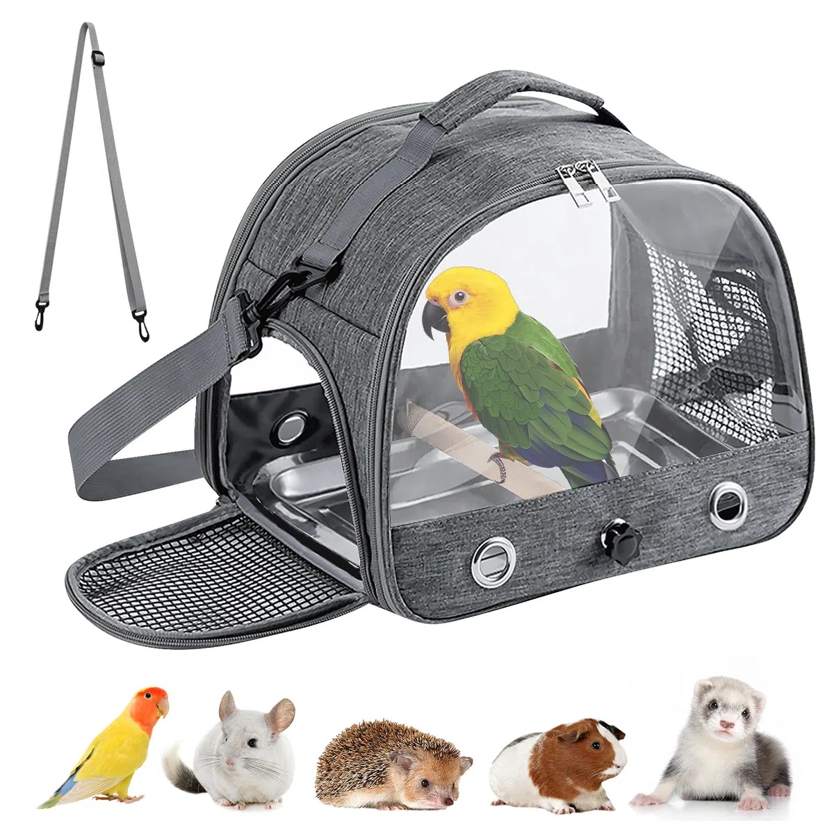 Bolsa de transporte portátil para pájaros, jaula para pájaros, loros, periquitos, animales pequeños para viajes, senderismo, camping, con barra de pie y bandeja de acero inoxidable