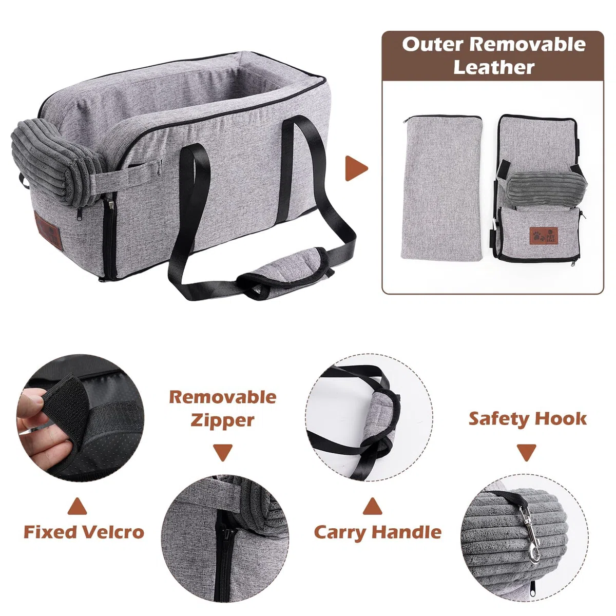 Consola Centro y Asiento para Coch, Cesta Portátil con Cinturón Seguridad y Almohada Lavables – Silla Cómoda para Mascota Pequeña