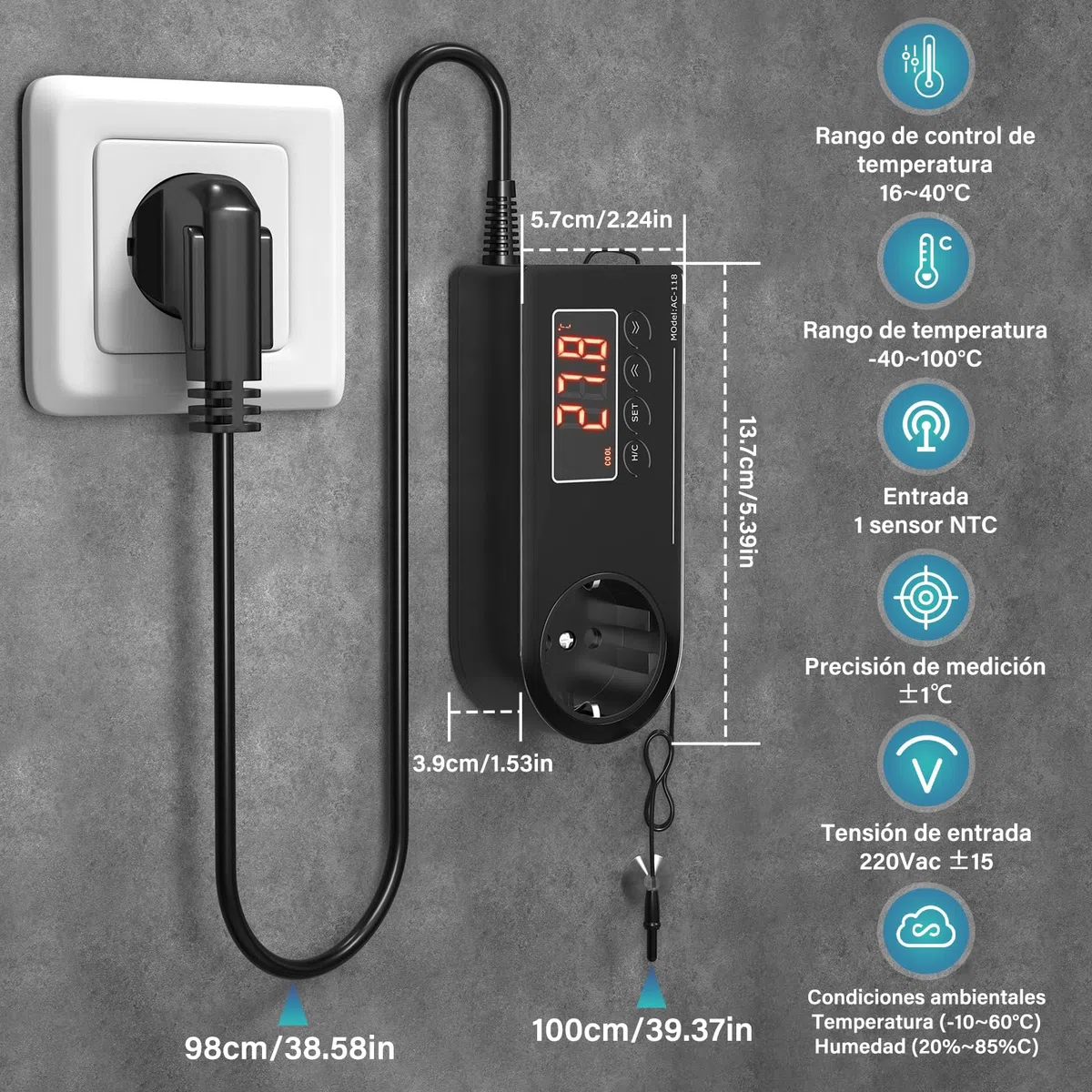 GlowUp Enchufe de Termostato Digital 220V Controlador de Temperatura Digital EU Higrostato Enchufe Termostato para Incubadora para Invernaderos, Reptiles, Acuarios, Incubadoras, Etc (1Pcs)