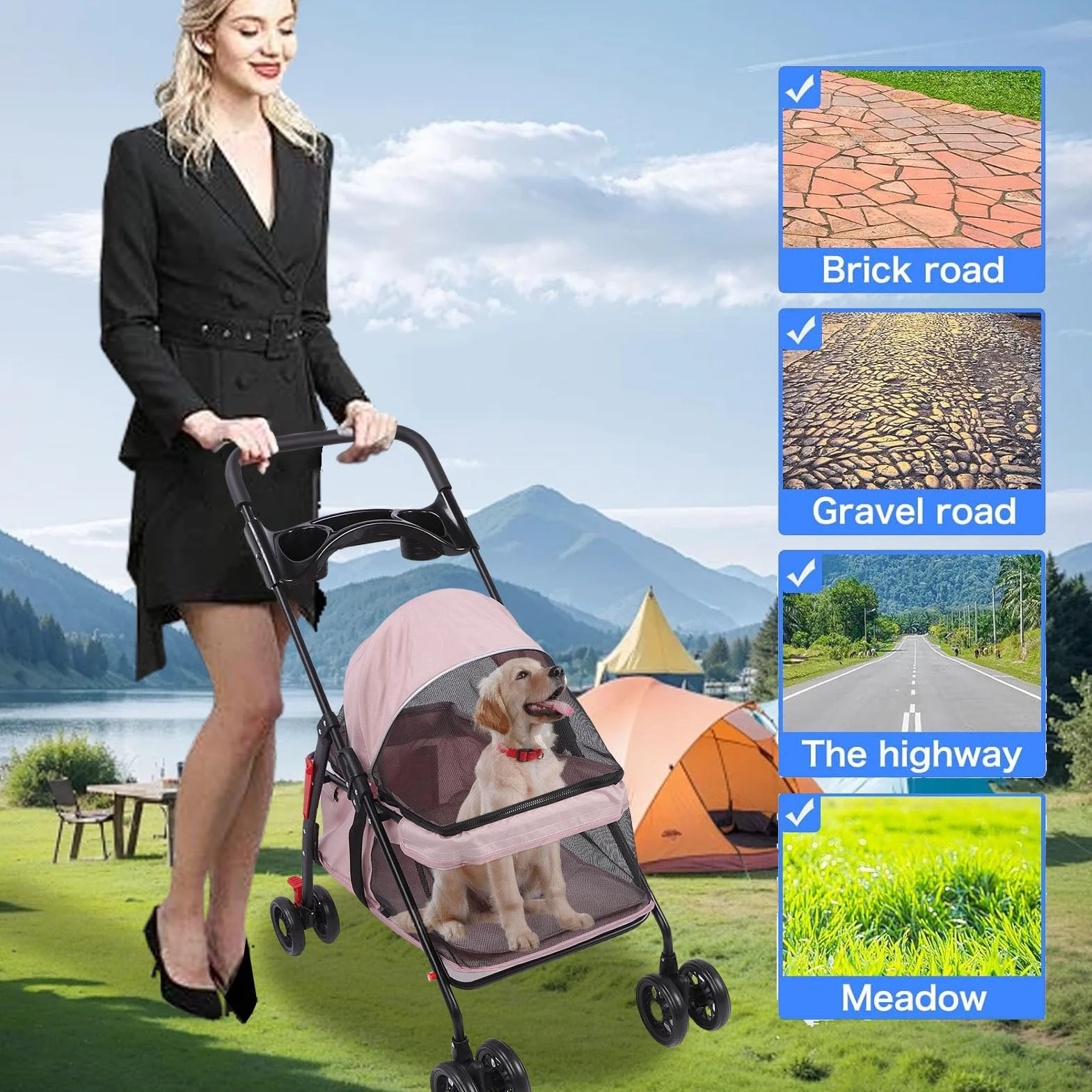 Carrito para Perros de 4 Ruedas, Joggador Plegable con Cubierta Solar, Portavasos, Almohadilla y Bolsa Trasera, Malla Transpirable