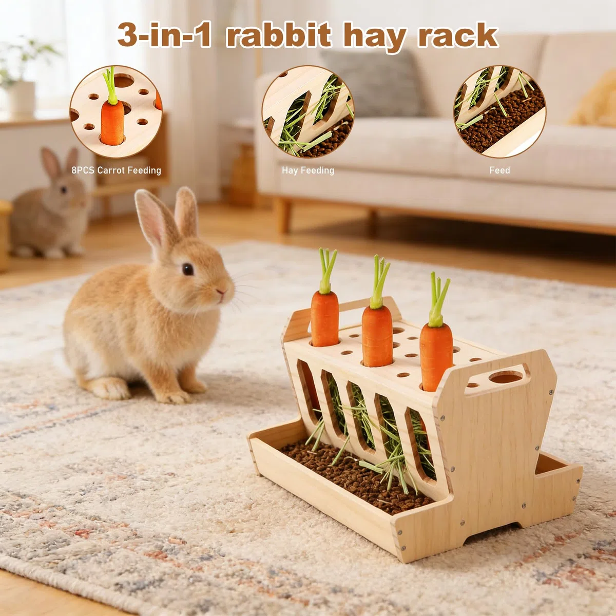 Comedero de madera para heno con soporte para zanahorias (30 x 20 x 18 cm) – Autorellenable para conejillos de indias, conejos, hámsteres, ratones, ratas