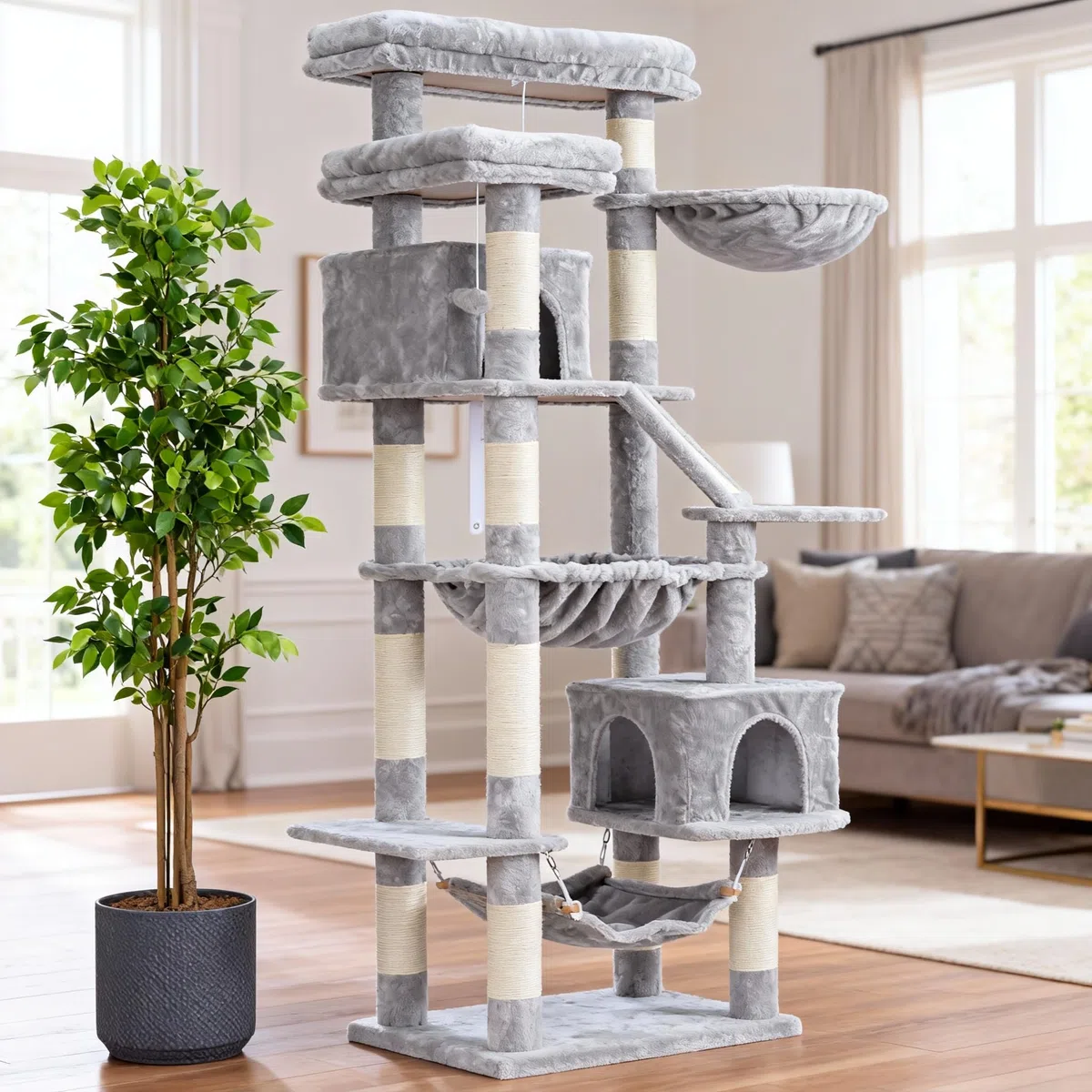 Heybly Rascador para Gatos, Torre De 180 cm, 2 Plataformas, 2 Cabañas, 2 Hamacas, Panel para Arañar. Gran Mueble para Gatos con Espacio De Dormir, Gris Claro HCT034W