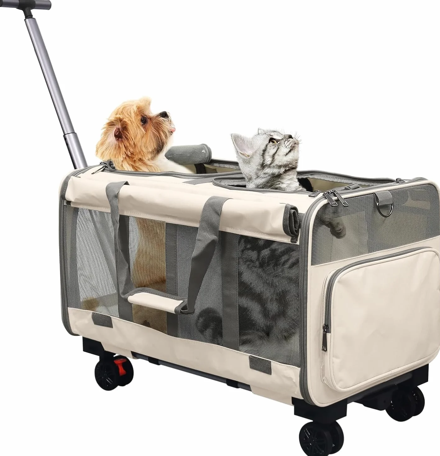 Transportín grande para gatos para 2 animales, transportador plegable con ruedas, compartimentos desmontables 2 en 1, con varita para gato y correa de almacenamiento