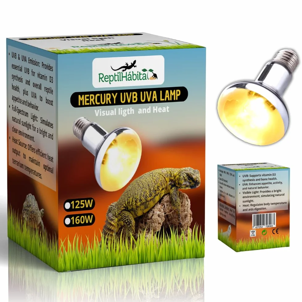 Bombilla UVB UVA con Calor para Reptiles 80W, 100W, 125W y 160W – Lámpara Vapor de Mercurio Todo en Uno para Terrarios – Luz Solar Artificial con Protección Térmica (125W)