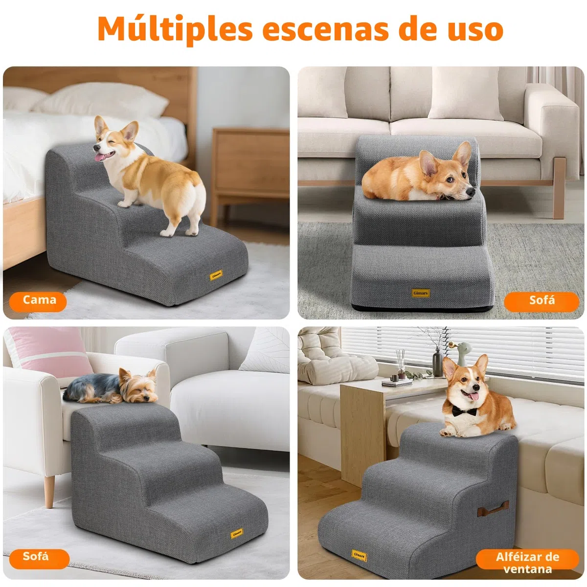 Gimars Escalera para Perros con Espuma 30D, 3 escalones estables de 40 cm, Funda Lavable, Base Antideslizante, rampa para Perros pequeña, Escalera Perro para Cama, sofá, Coche