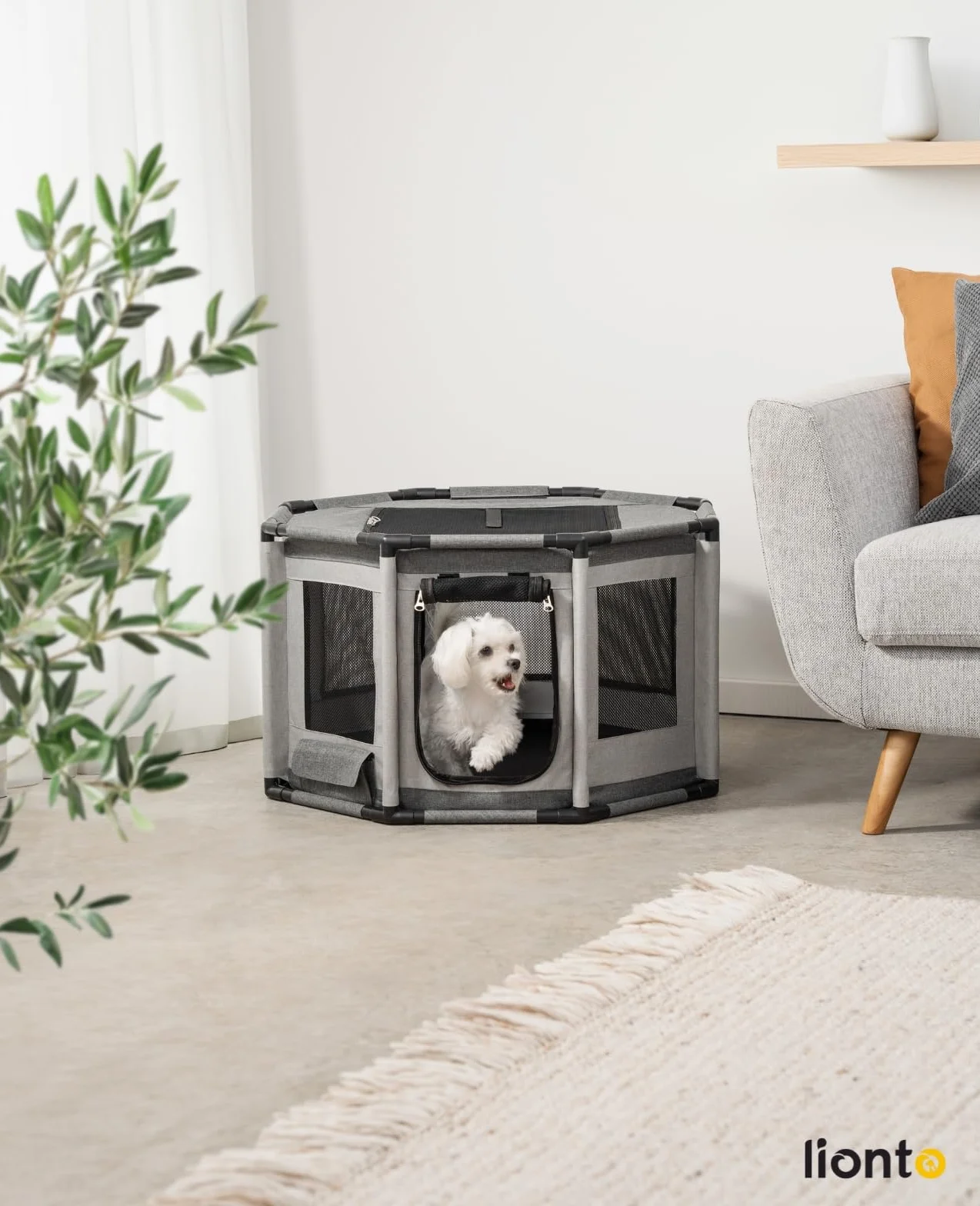 lionto Parque para Perros en Tela Oxford, Malla Transpirable, con Cremallera y Bolsillo Lateral, Estructura de Tubos PVC, Jaula Octogonal para Perros y Gatos, 72x72x43 cm, Gris