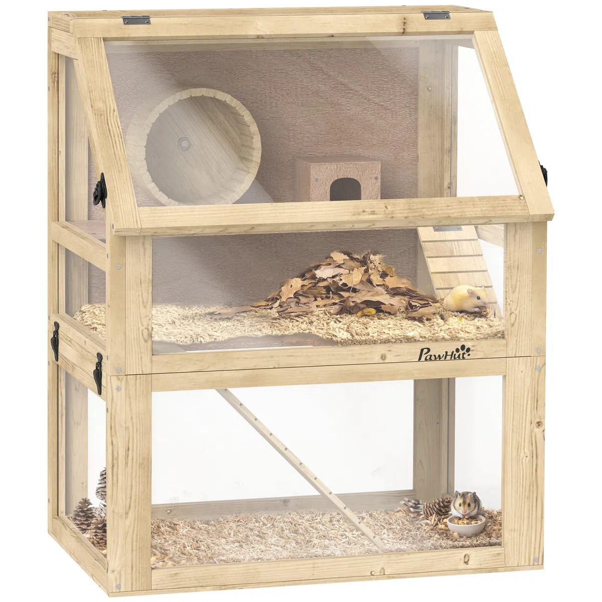 PawHut Jaula de madera para hámster, jaula de jerbo de 3 niveles con fondo desmontable de 32 cm de profundidad, cabaña, balancín, rueda de ejercicio, rampas, acabado de madera natural