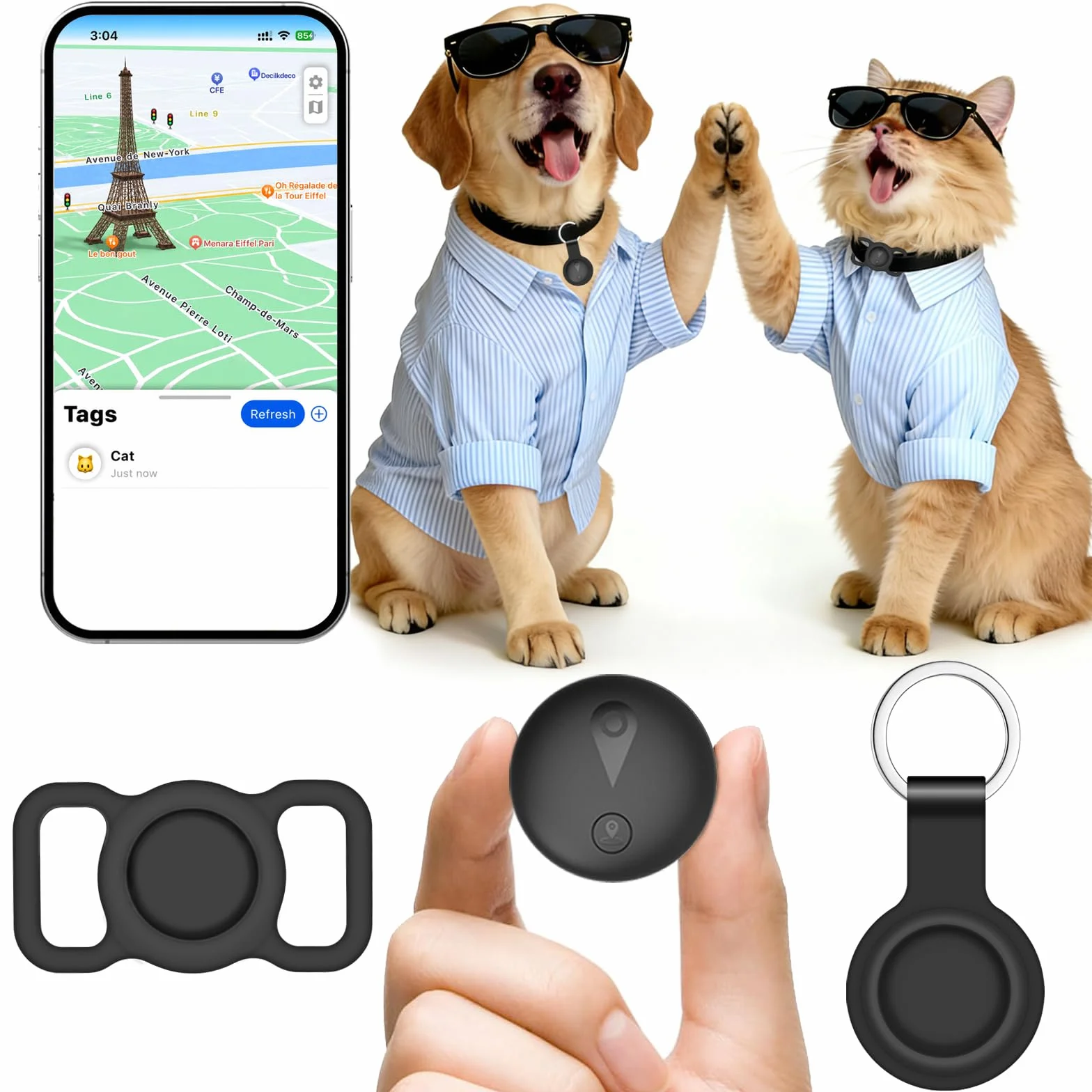 GPS Perros,GPS Gatos de Ubicación en Tiempo Real,Localizador Perros Mini Bluetooth,Localizador Gatos sin Suscripción,Compatible con iOS/Android,Batería de Larga Duración,se Puede Usar con Collar,Negro
