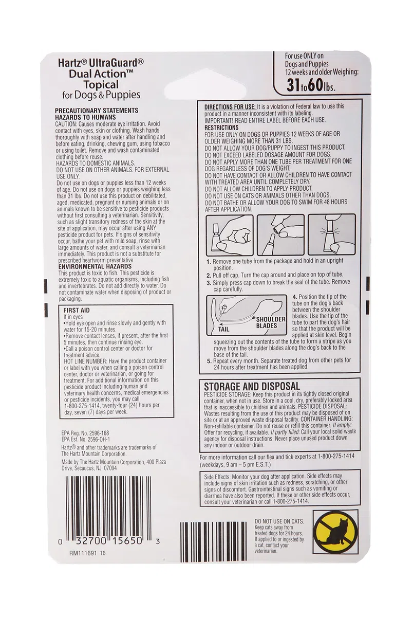 Hartz UltraGuard Dual Action Topical Flea & Tick Treatment for Dogs and Puppies - 31-60lbs, 3 Monthly Treatments