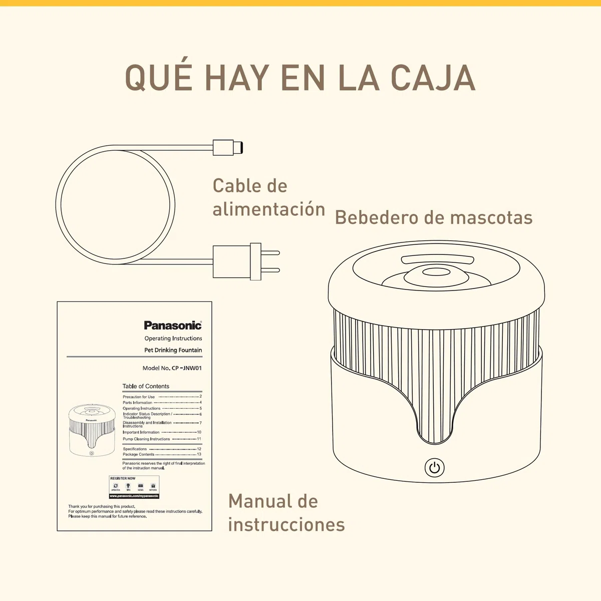 PANASONIC CP-JNW01-W Fuente de Agua para Mascotas, para Gatos y Perros de Tamaño Pequeño y Mediano, Capacidad de 1,9 L, Filtración de 4 Capas, Súper Silenciosa, Dos Modos, Blanco