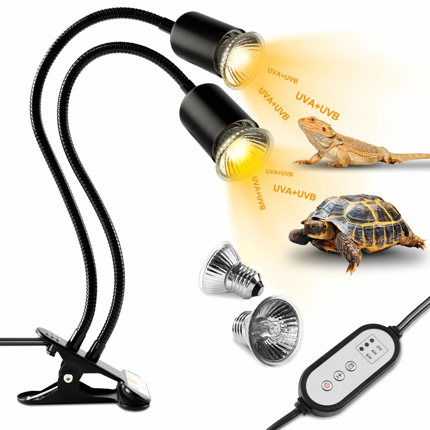 Lámpara para Tortuga de Dos Cabezas, 25W+50W Lámpara de Calor de Reptil E27, UVA+UVB Tortugas de Agua con 2 Bombillas para Lagarto, Tortuga, Serpiente, Camaleón, etc.(Negro)