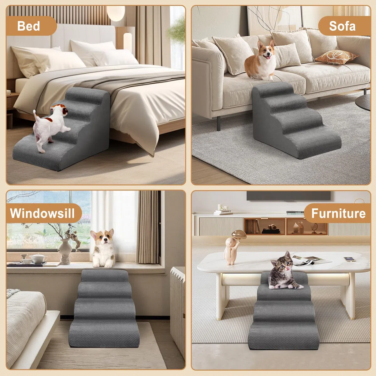 Escalera para Perros, Escaleras para Mascotas de Espuma de 4 peldaños para Cama/sofá, Rampa para Perros Pequeños y Gatos con Funda Lavable y Fondo Antideslizante, Enviar Rodillo de Pelusa