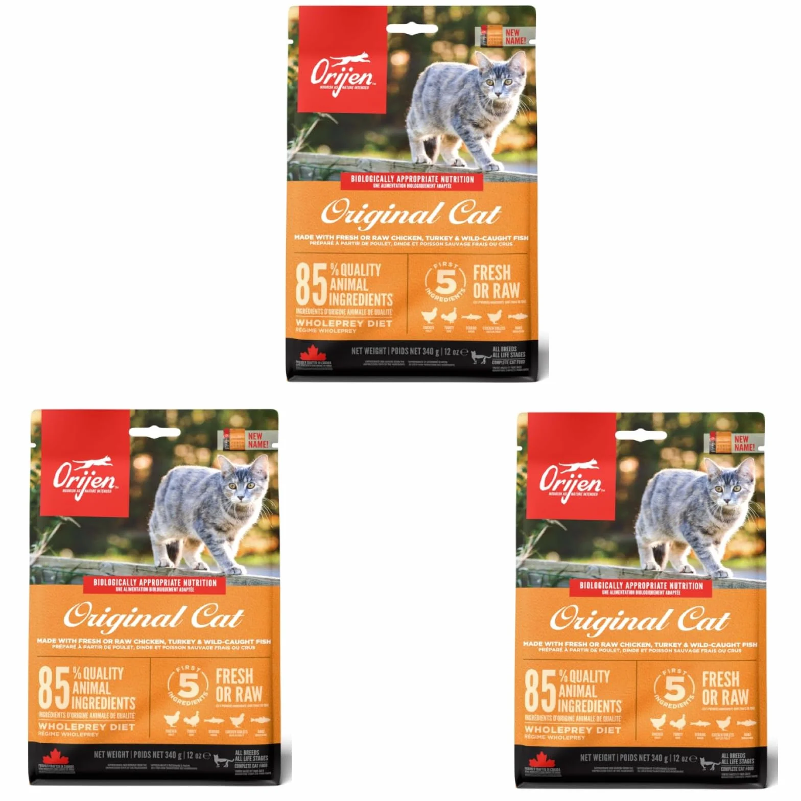 Orijen Cat Original Cat | Paquete Triple | 3 x 340 g | Alimento Completo para Gatos Adultos | 85% de Ingredientes Animales Aves, Pescado, vísceras, cartílago y Huesos