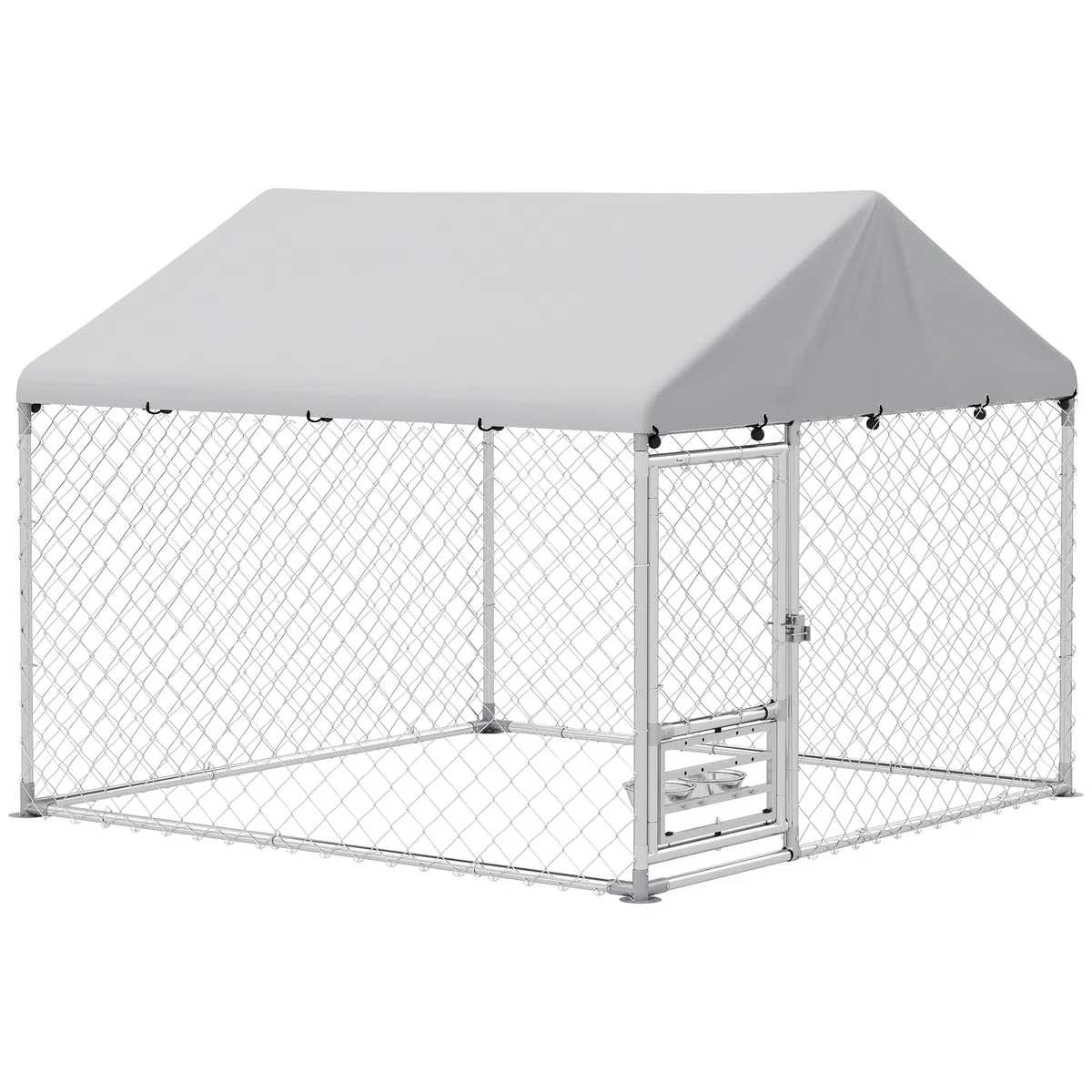 PawHut Perrera de Exterior con Techo Impermeable 2x2x1,55 m Jaula para Perros de Acero Galvanizado Soporte Ajustable y Giratorio para Comida 2 Cuencos para Perros Medianos y Pequeños