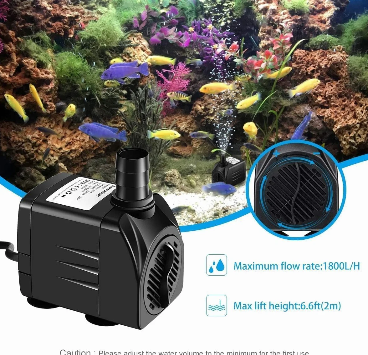 Bomba De Agua Sumergible, 2000L/H Bomba De Acuario Para Estanque Fuente Acuario Jardín, Bomba Sumergible 3 Boquillas 13mm-16mm-19mm, Cable 1.9m(25W)