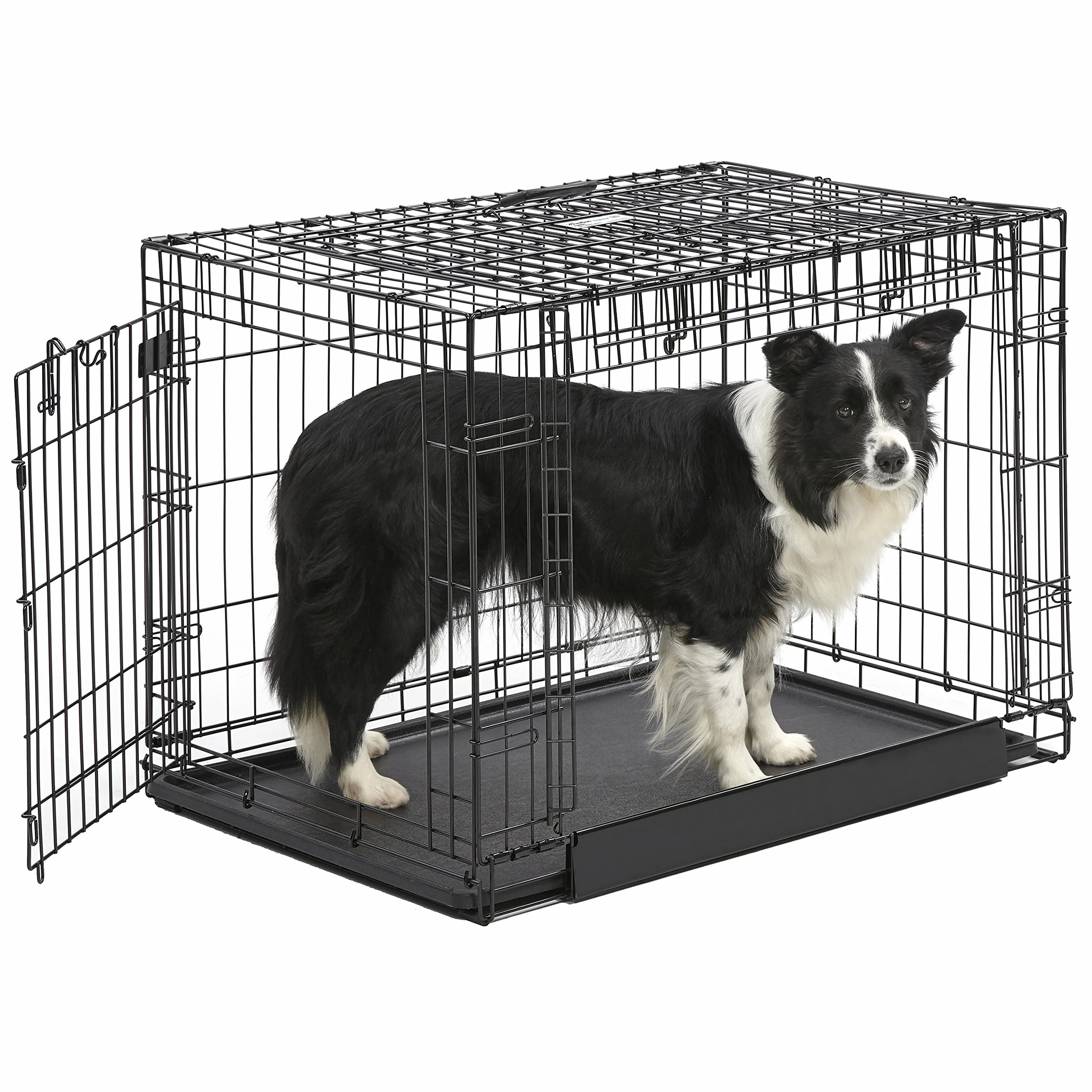 MidWest Homes for Pets Ovation - Jaula de metal plegable con doble puerta para perros, tamaño intermedio, 91 cm, puerta frontal y puerta lateral levadiza, diseño que ahorra espacio