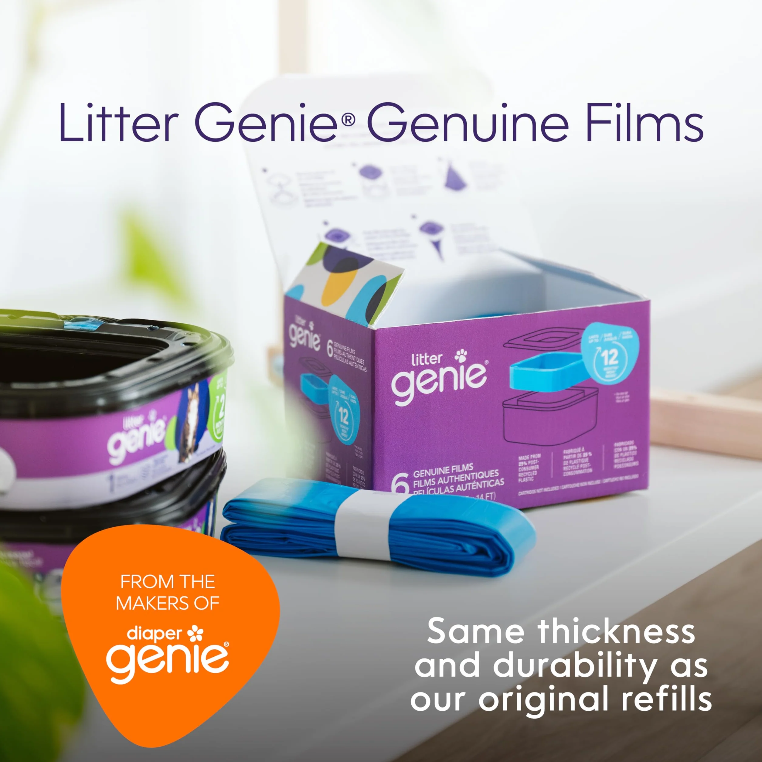 Las bolsas de recambio Litter Genie de película auténtica, paquete de 6 unidades proporcionan un total de 80 pies de bolsas, ofreciendo hasta 12 meses de uso para un gato.