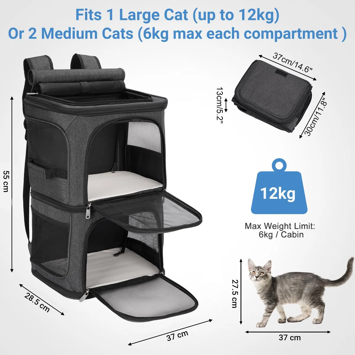 Mochila 2 en 1 para 2 Gatos Máxima 12 kg, Transportin Doble para 2 Gatos, Transportador Portátil de Viaje para Mascotas, Transpirable y Plegable, Negro