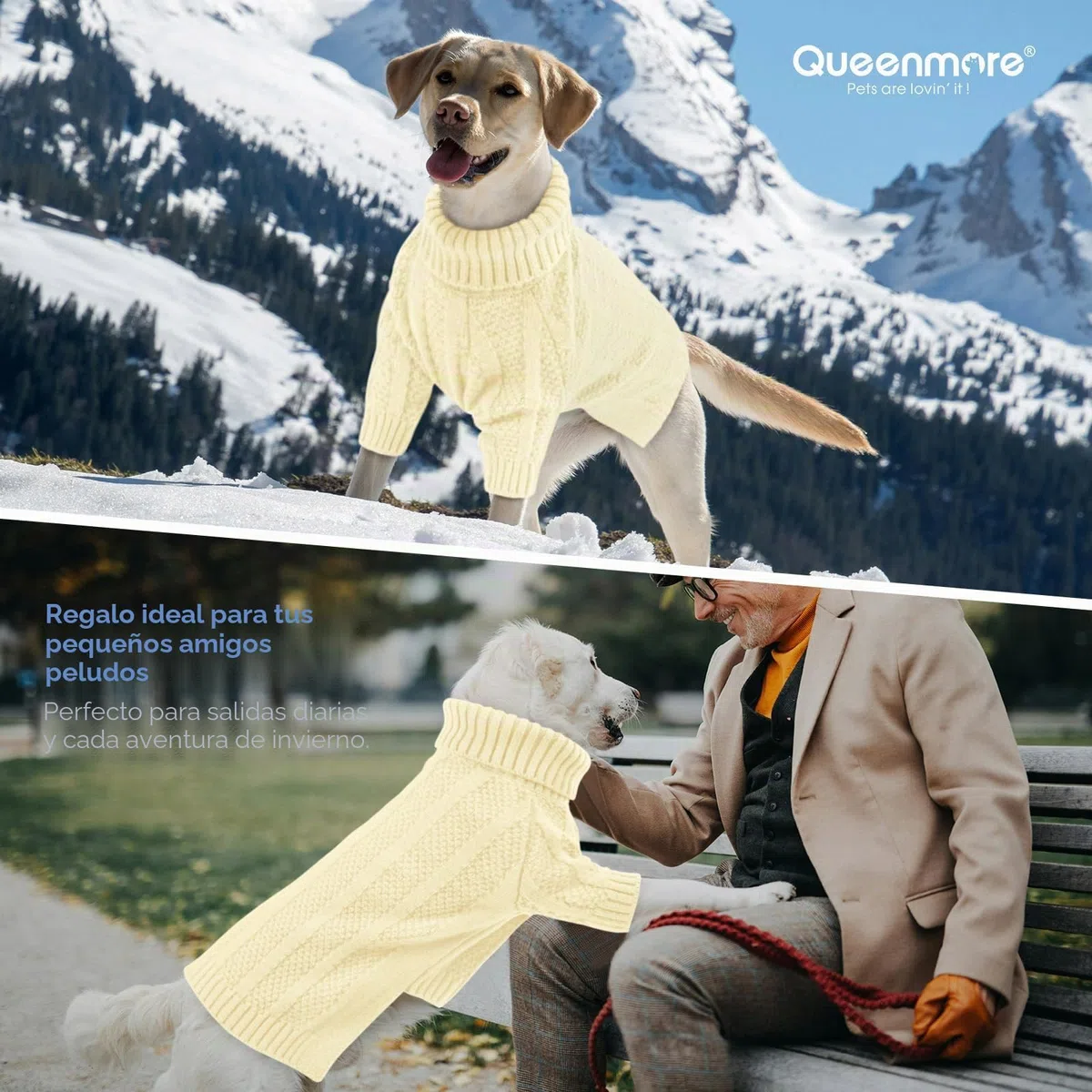 Queenmore Jersey Perro XL, Cuello Alto Manga Larga para Labrador, Golden Retriever, Border Collie, Ropa de Invierno Interior/Exterior (Marfil, XL)