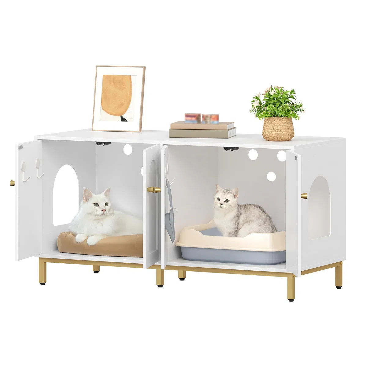 Hzuaneri Caja de Arena para 2 Gatos, 119cm Mueble para Caja de Arena Oculta, Casa de Madera para Mascotas, Mueble de Almacenaje, Se Adapta a la Mayoría de Arenero Gato, Blanco-Oro CB82313A
