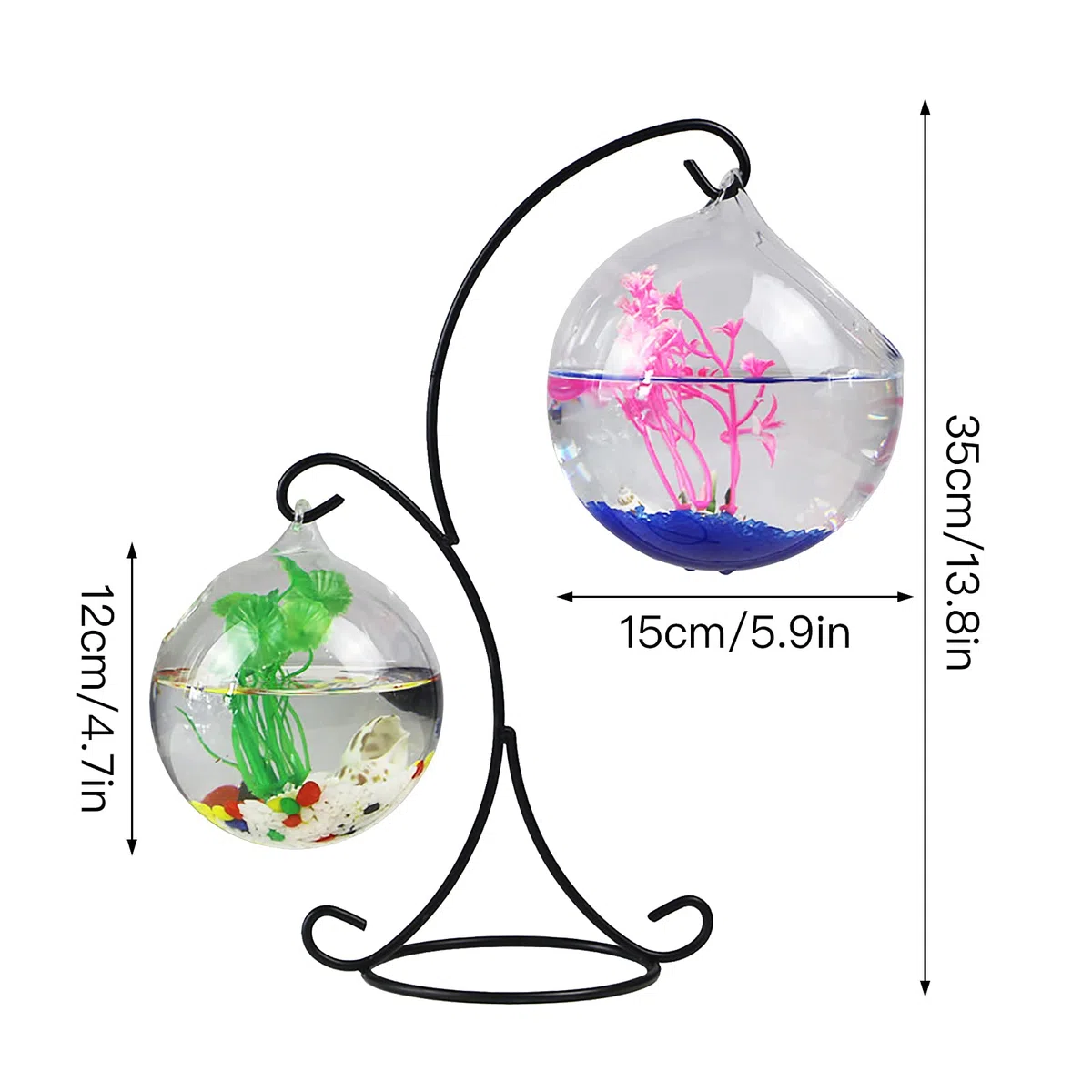 Pecera Colgante, Pecera de Cristal de Mesa Pequeña, Mini Acuario con Soporte, Pecera Colgante de Escritorio con Soporte, Terrario de Plantas Transparente para el Hogar, Mesa, Oficina, Jardín,(A2)