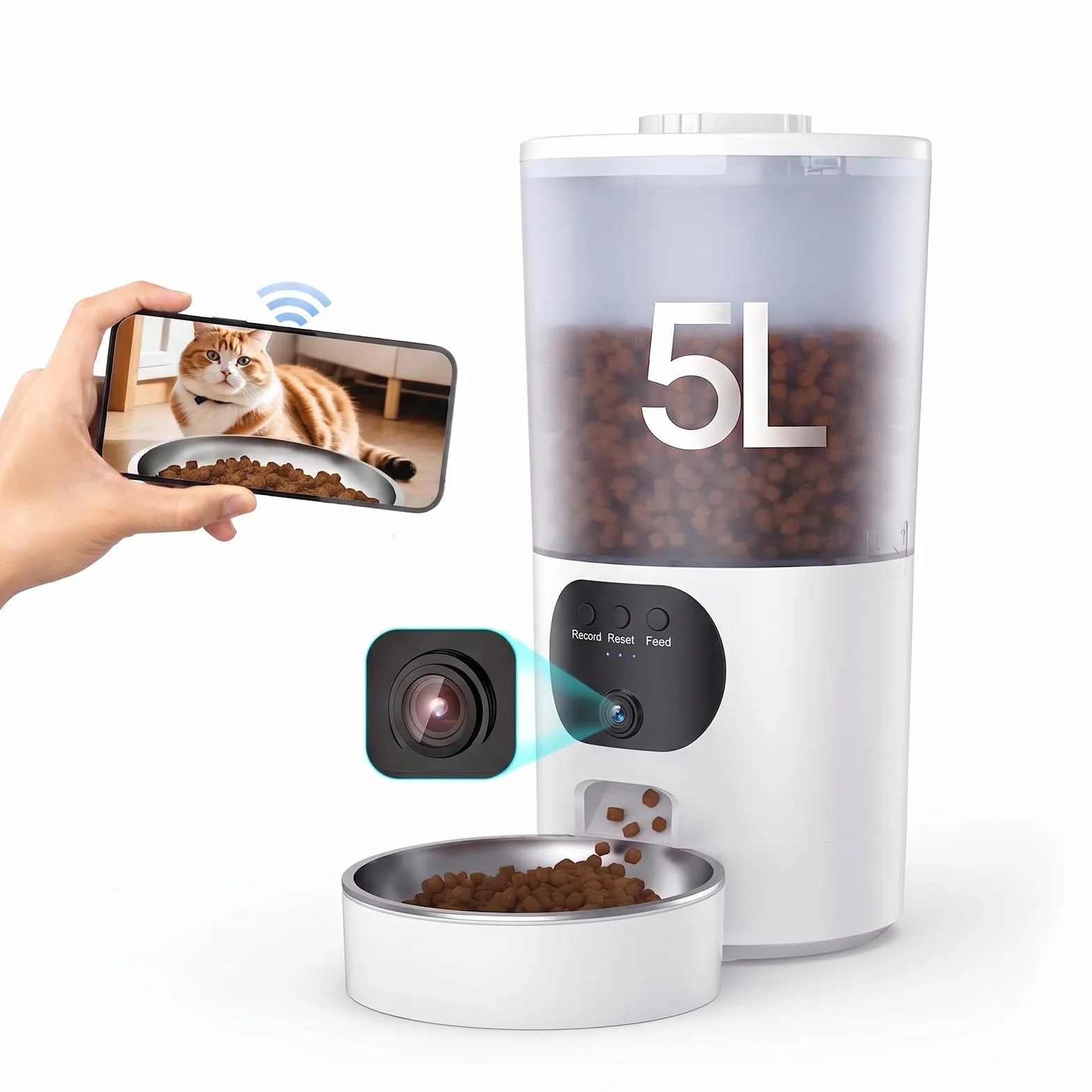 PF1-6L Comedero Gato Automatico WiFi, Cámara 1080P HD, Cuenco de Acero Inoxidable, Programable y con raciones, Antisuciedad y Cierre automático de Salida, Batería de Reserva